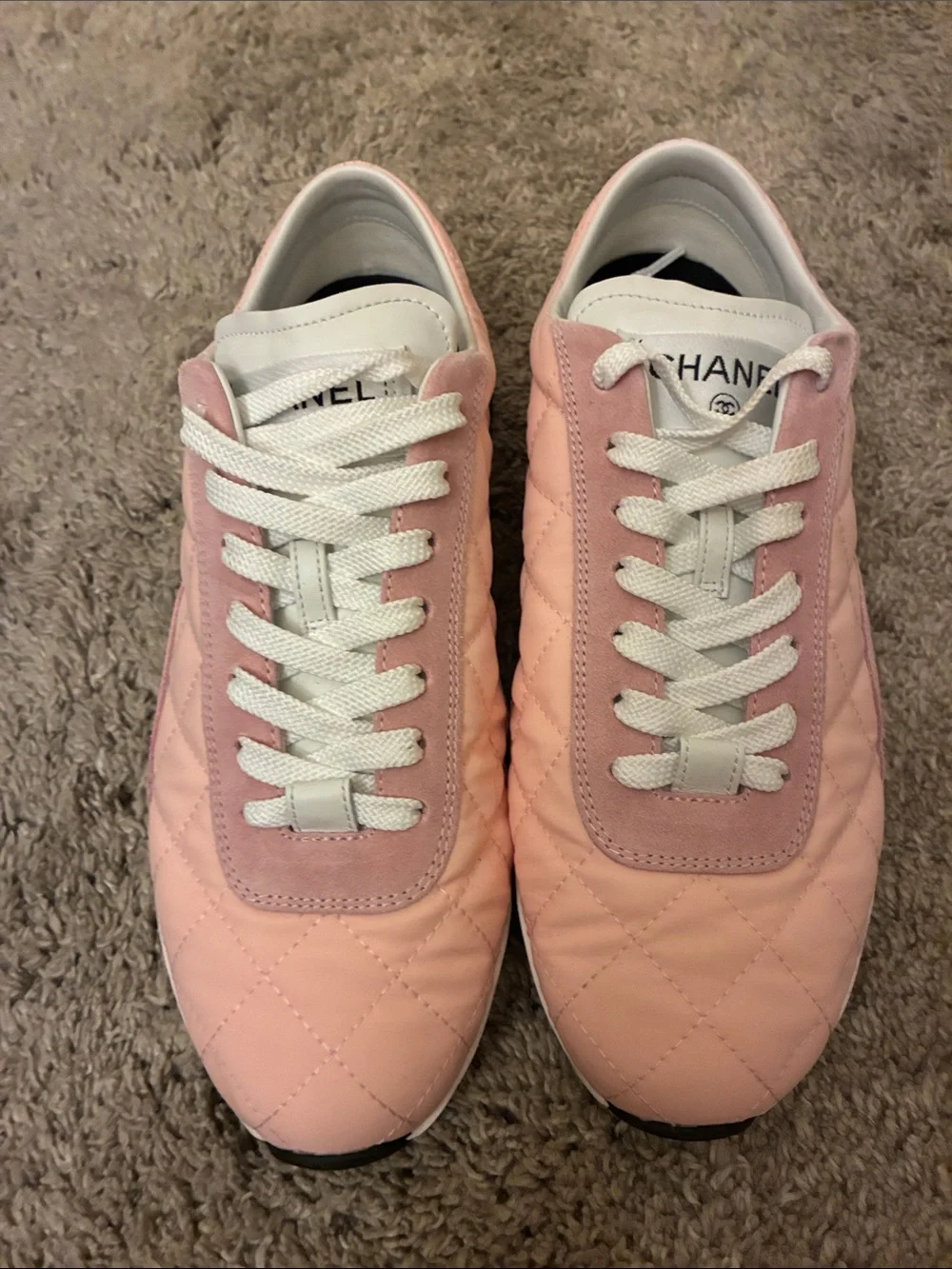 CHANEL Light Pink Quilted Lace-Up Sneakers